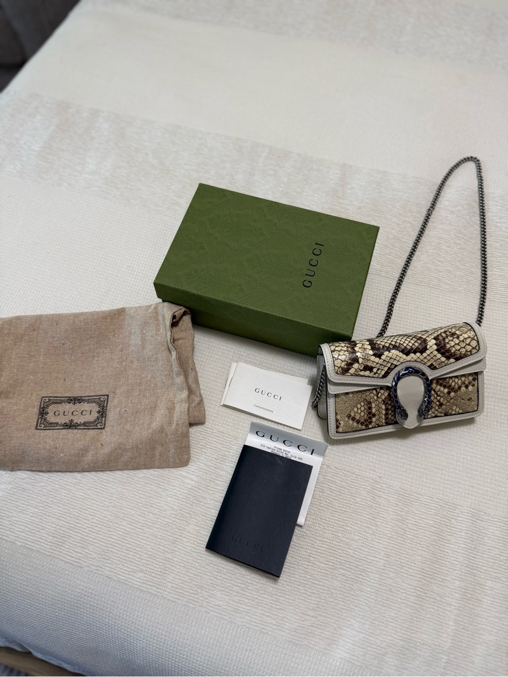 Gucci Python Print Small Shoulder Bag in Beige and Brown with Chain